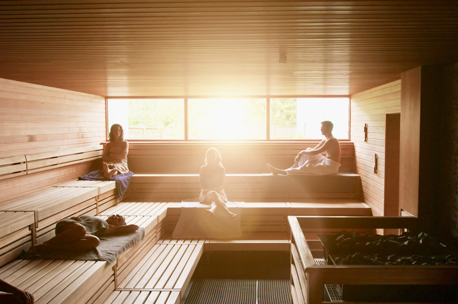 Vier Personen entspannen sich in einer Holzsauna, sitzen oder liegen auf Bänken, während das Sonnenlicht durch ein großes Fenster einfällt und eine warme, ruhige Atmosphäre schafft.