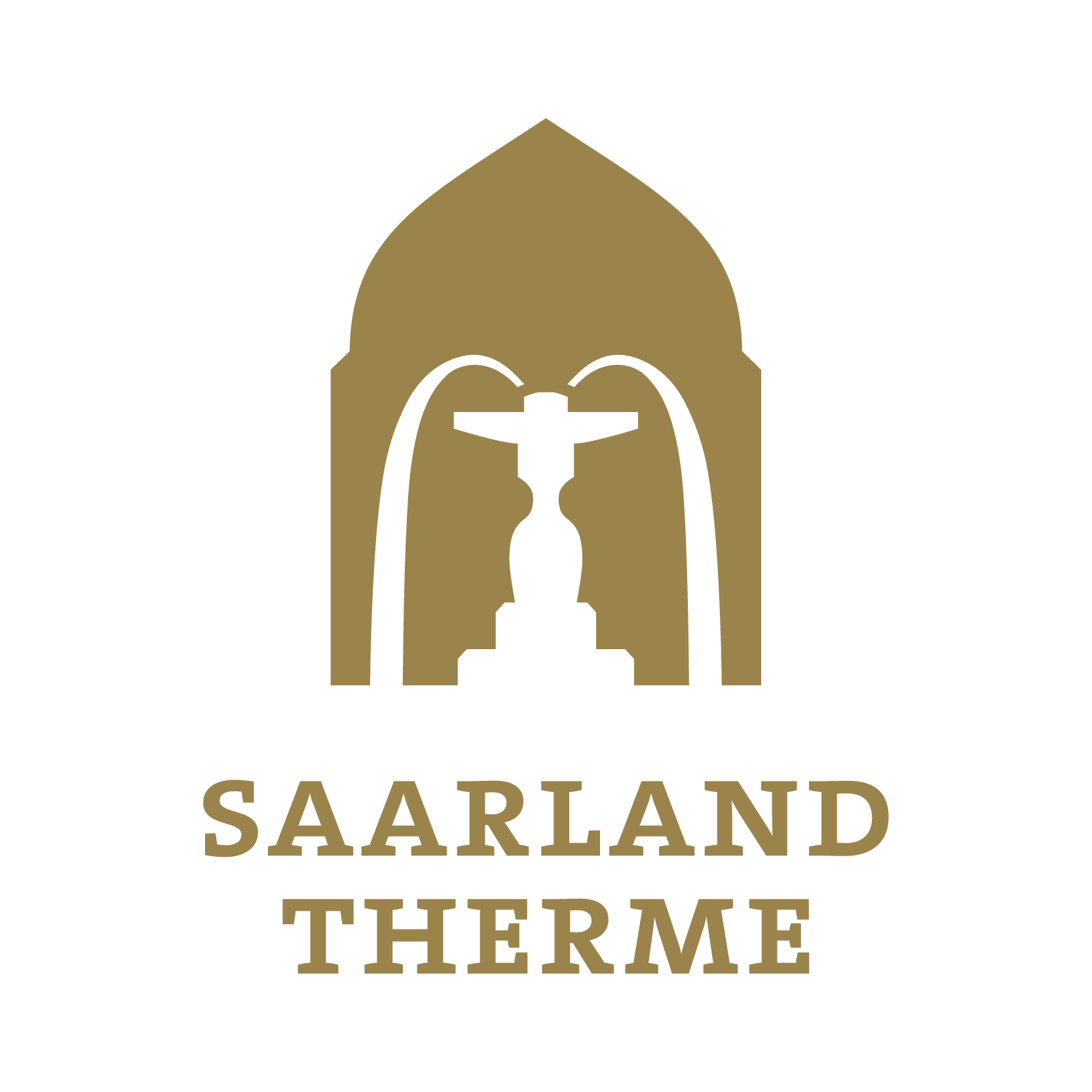 Das goldene Logo der Saarland Therme zeigt einen stilisierten Brunnen mit Bögen in einer gewölbten Kuppel über dem fetten, in Großbuchstaben geschriebenen Schriftzug Saarland Therme