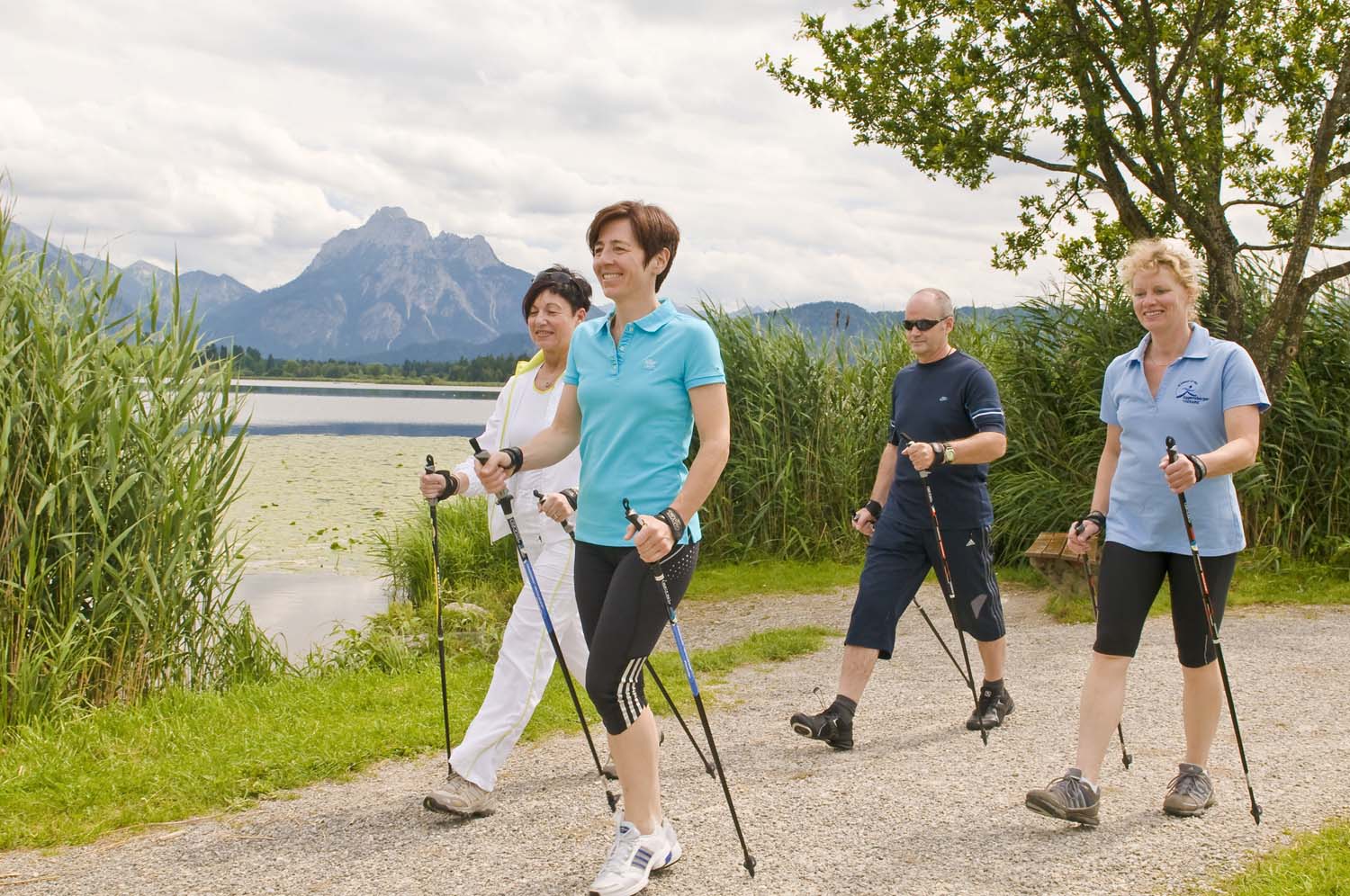 Vier Erwachsene gehen mit Nordic-Walking-Stöcken einen Kiesweg am See entlang, umgeben von hohem Gras und Bergen unter einem bewölkten Himmel. Sie lächeln und sind in legerer Sportkleidung gekleidet.