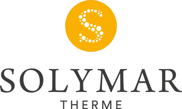 Logo für die Solymar Therme mit einem großen gelben Kreis mit einem weißen stilisierten 