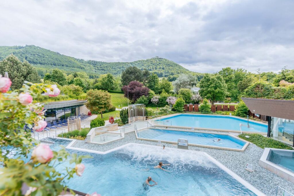 Thermalbecken im Freien, umgeben von üppigem Grün und bunten Blumen, mit Menschen, die sich im Wasser entspannen. Im Hintergrund sind Hügel und Bäume unter einem bewölkten Himmel zu sehen.