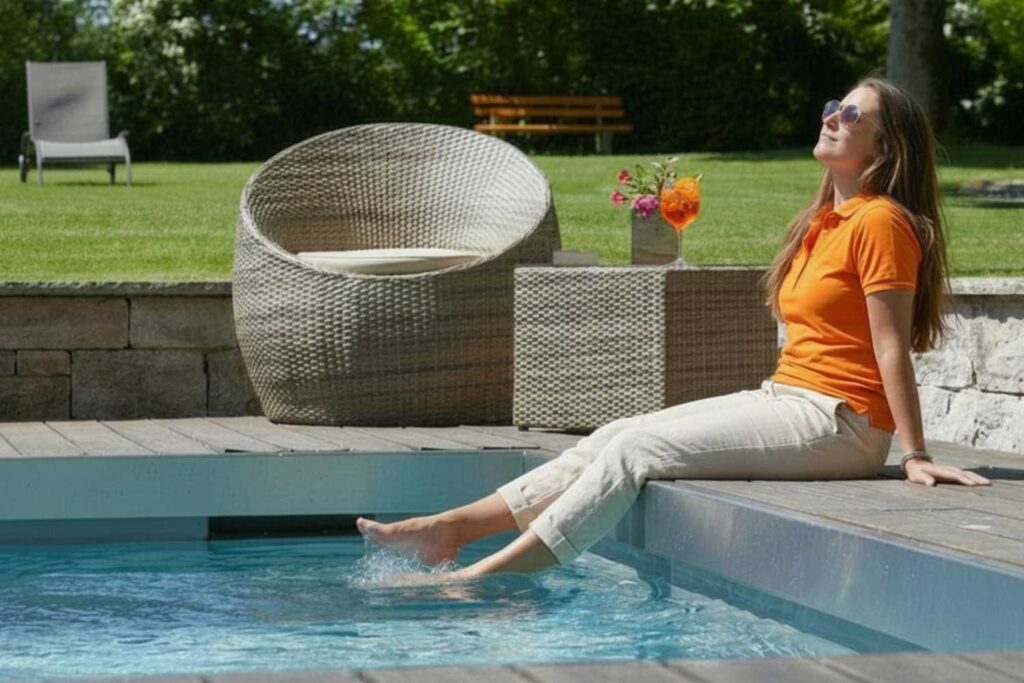 Eine Frau in einem orangefarbenen Shirt und einer hellen Hose sitzt am Rand eines Pools, die Füße im Wasser, die Augen geschlossen, und genießt die Sonne. Neben ihr stehen Gartenmöbel aus Korbgeflecht und ein Getränk, im Hintergrund ist grünes Gras zu sehen.