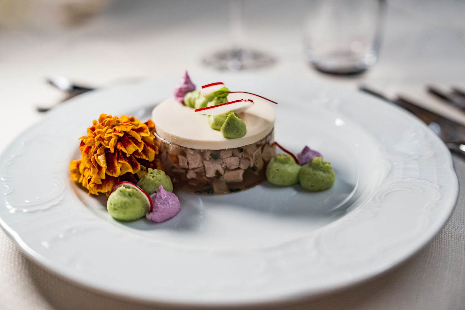 Ein Gourmetgericht, bestehend aus einer runden, geschichteten Vorspeise mit weißer Haube, grünen und violetten Klecksen, garniert mit Radieschenscheiben und einer orangefarbenen essbaren Blüte, serviert auf einem weißen Teller.